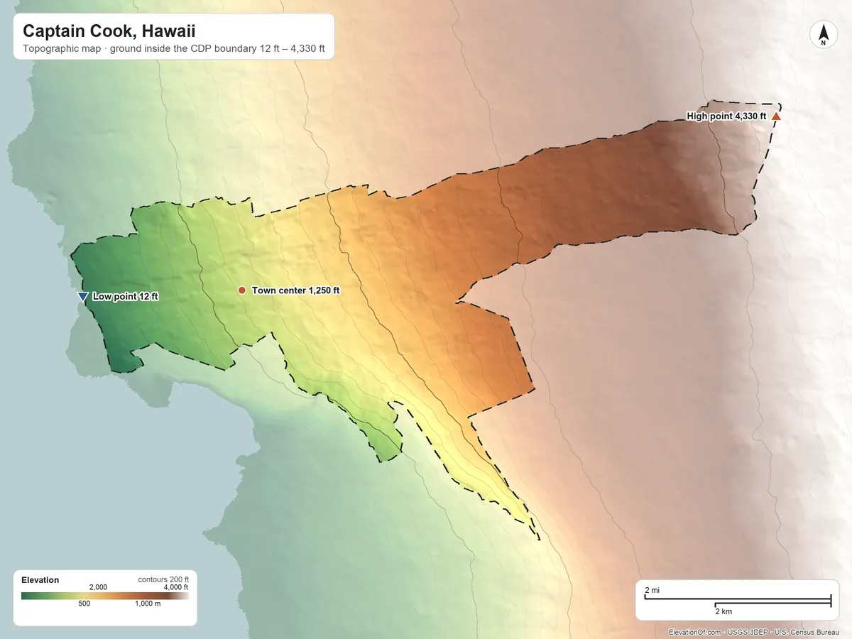 Topographic elevation map of Captain Cook, Hawaii, shaded from 12 ft on the west side to 4,330 ft on the east edge, below higher ground just outside