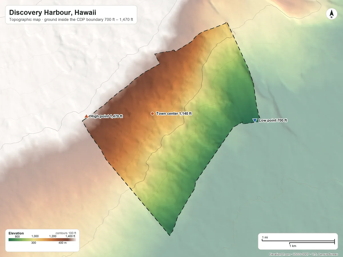 Topographic elevation map of Discovery Harbour, Hawaii, shaded from 700 ft on the east side to 1,470 ft on the west edge, below higher ground just outside