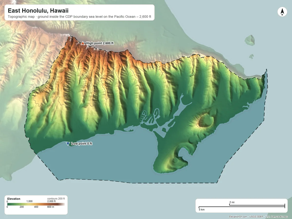 Topographic elevation map of East Honolulu, Hawaii, shaded from sea level level on the Pacific Ocean to 2,600 ft on the northwest side