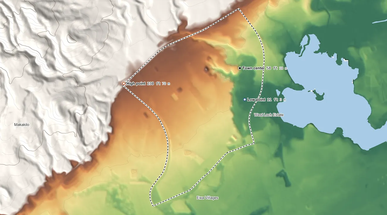 Topographic elevation map of East Kapolei, Hawaii, shaded from 11 ft on the south side to 230 ft at the foot of the Waiʻanae Range
