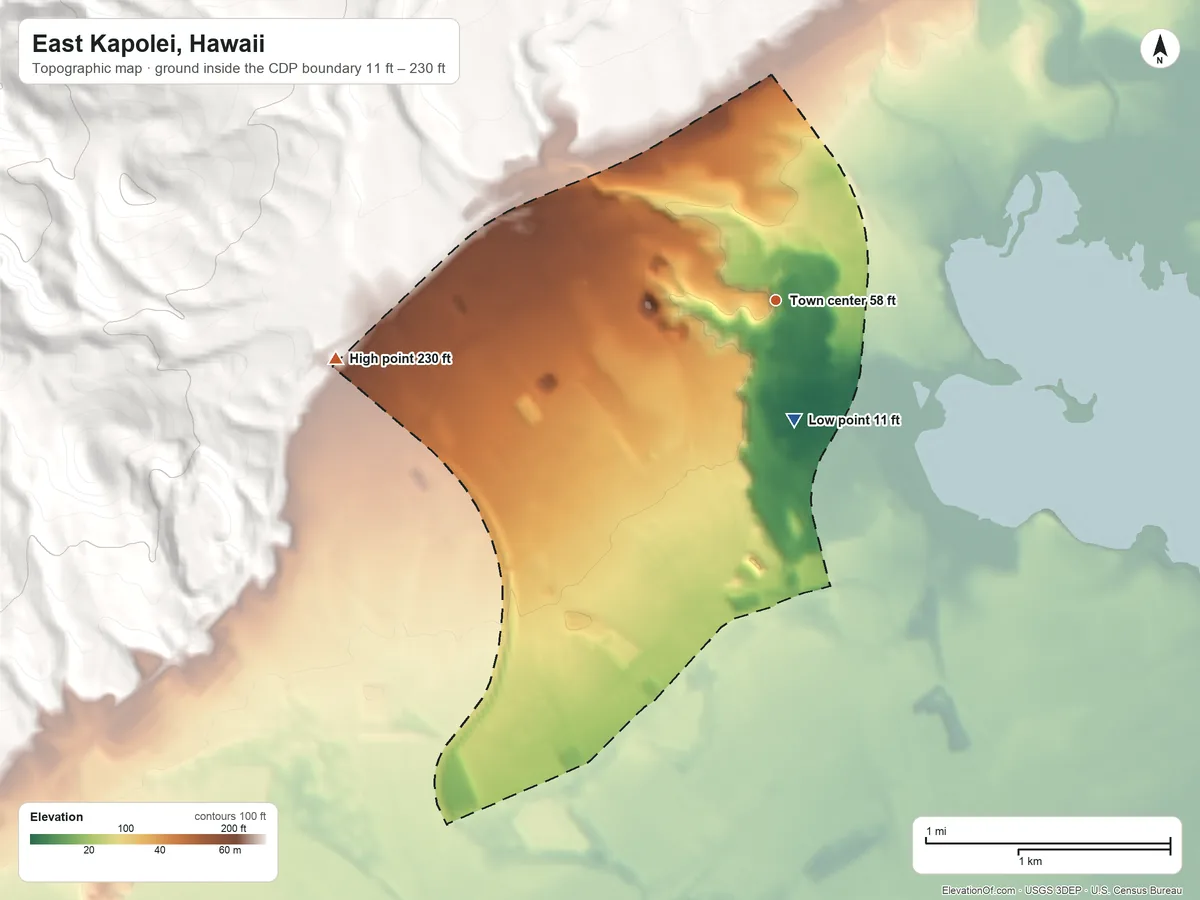 Topographic elevation map of East Kapolei, Hawaii, shaded from 11 ft on the south side to 230 ft at the foot of the Waiʻanae Range