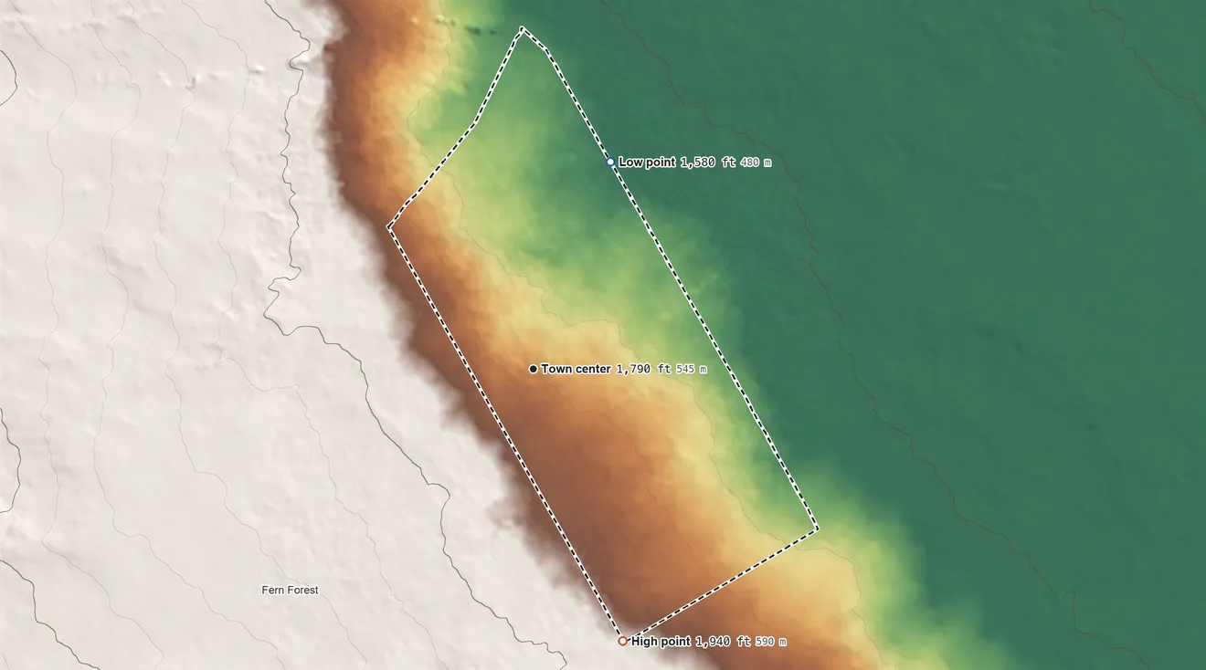 Topographic elevation map of Eden Roc, Hawaii, shaded from 1,580 ft on the north side to 1,940 ft on the south edge, below higher ground just outside