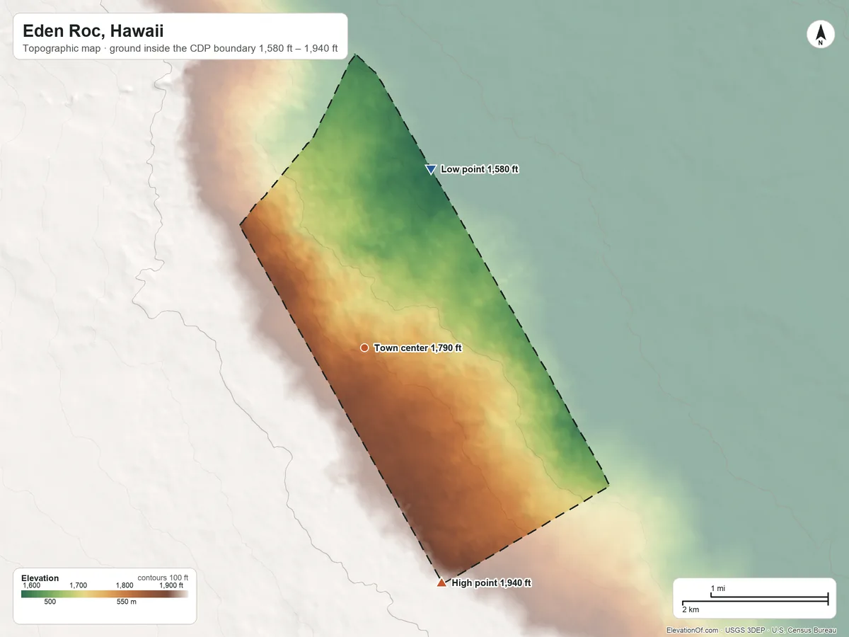 Topographic elevation map of Eden Roc, Hawaii, shaded from 1,580 ft on the north side to 1,940 ft on the south edge, below higher ground just outside