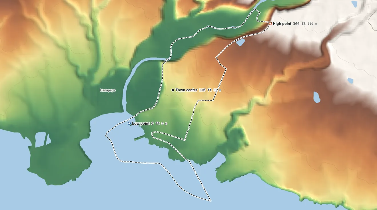 Topographic elevation map of Eleele, Hawaii, shaded from sea level level on the Pacific Ocean to 360 ft on the northeast edge, below higher ground just outside