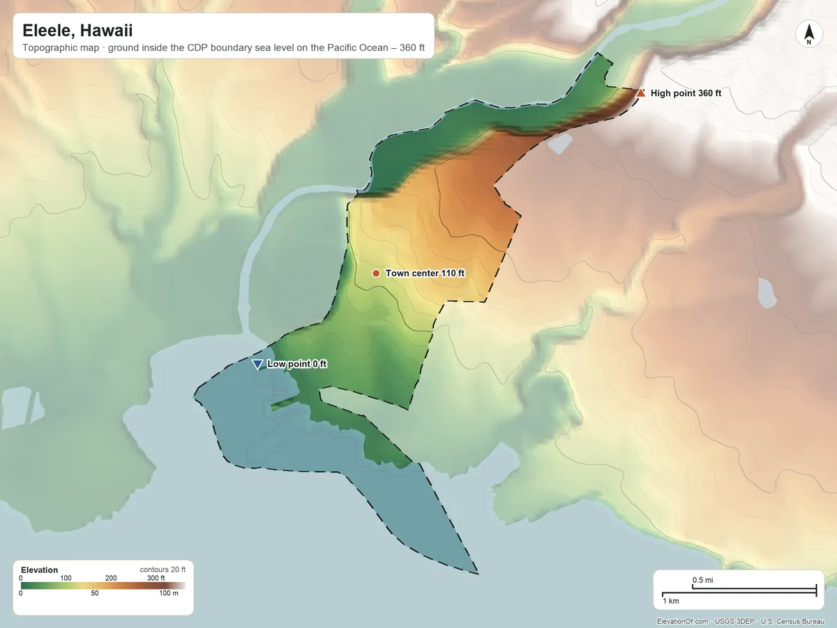 Topographic elevation map of Eleele, Hawaii, shaded from sea level level on the Pacific Ocean to 360 ft on the northeast edge, below higher ground just outside