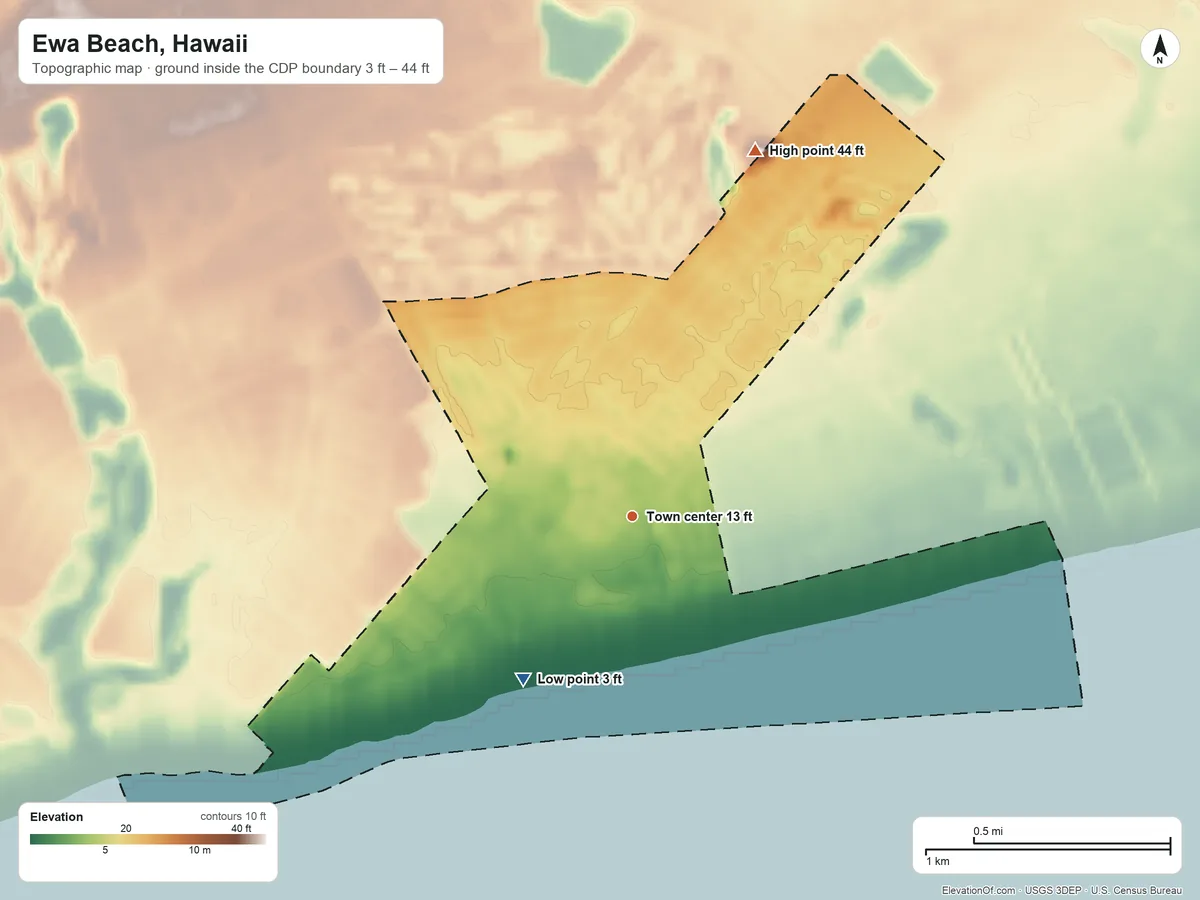 Topographic elevation map of Ewa Beach, Hawaii, shaded from 3 ft on the southwest side to 44 ft on the north side