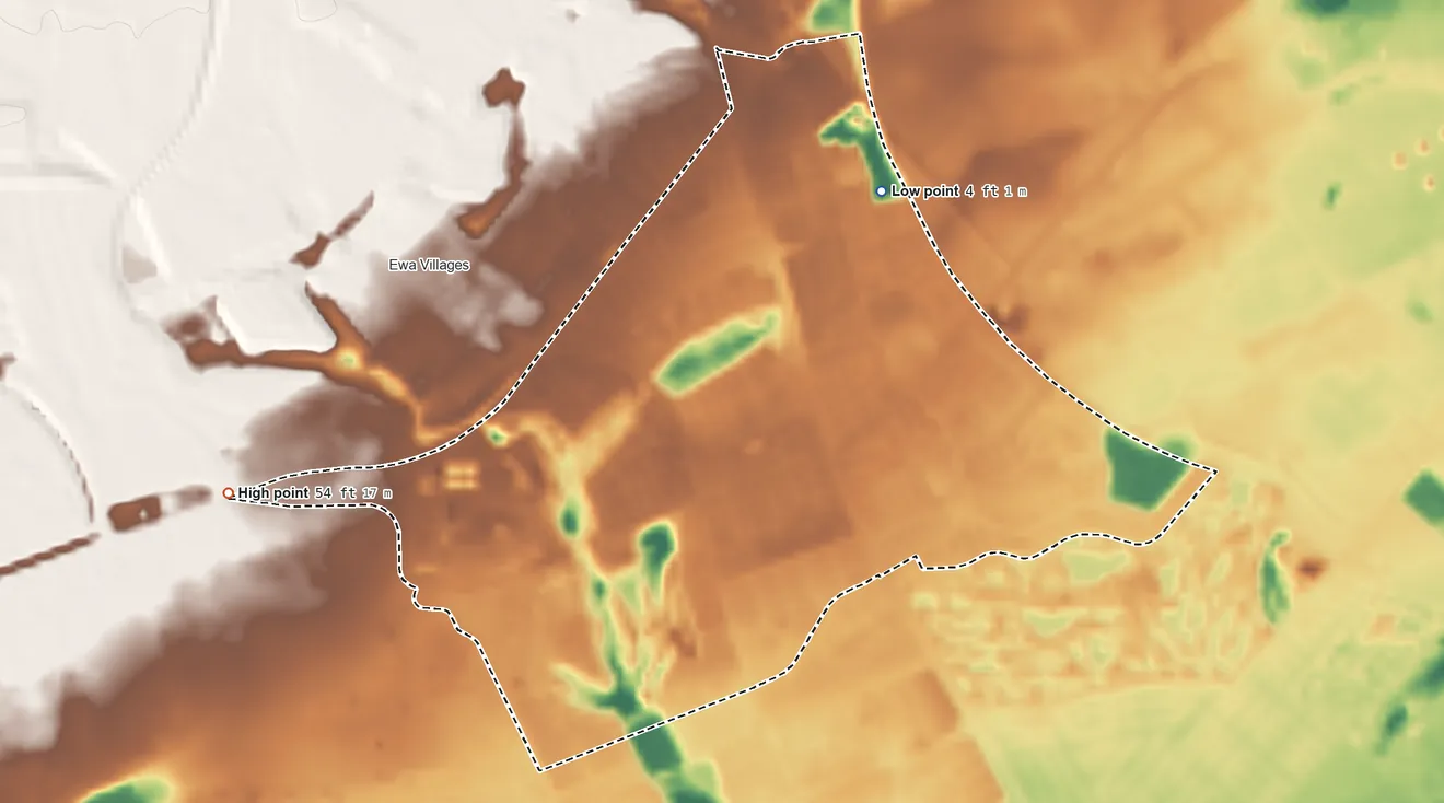 Topographic elevation map of Ewa Gentry, Hawaii, shaded from 4 ft on the northeast side to 54 ft on the west side