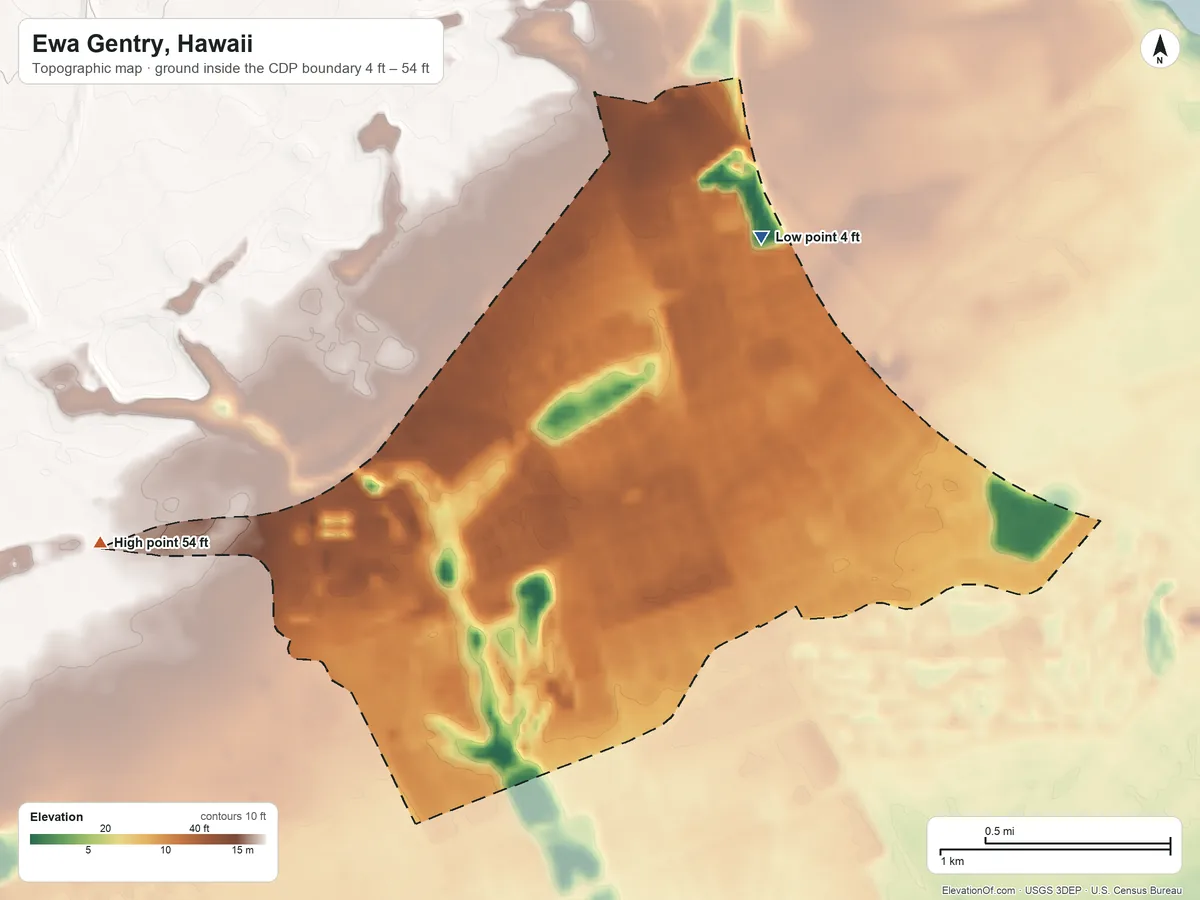 Topographic elevation map of Ewa Gentry, Hawaii, shaded from 4 ft on the northeast side to 54 ft on the west side