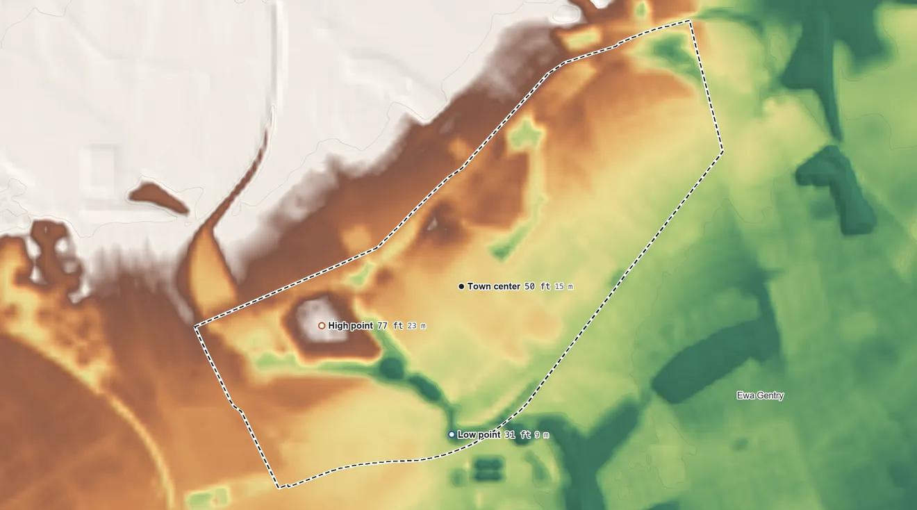 Topographic elevation map of Ewa Villages, Hawaii, shaded from 31 ft on the south side to 77 ft at the foot of the Waiʻanae Range