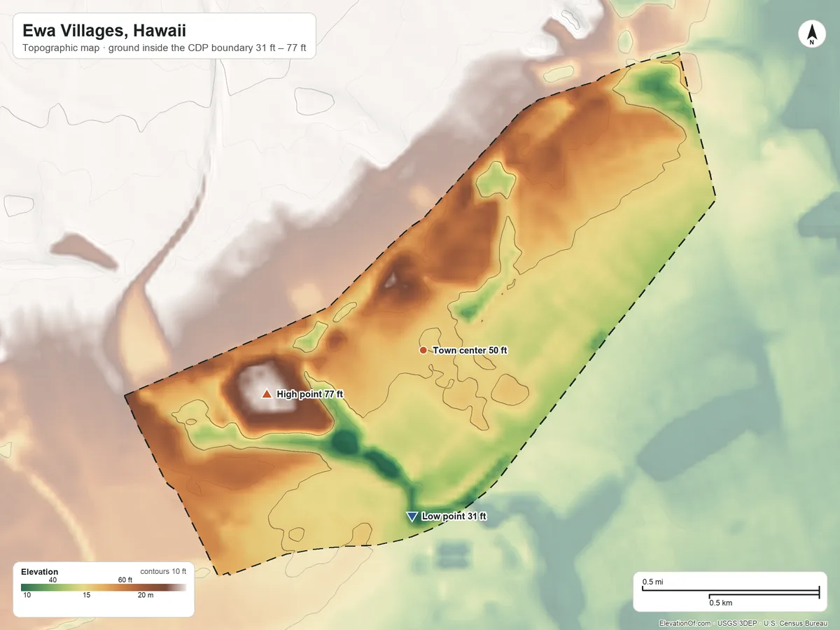 Topographic elevation map of Ewa Villages, Hawaii, shaded from 31 ft on the south side to 77 ft at the foot of the Waiʻanae Range