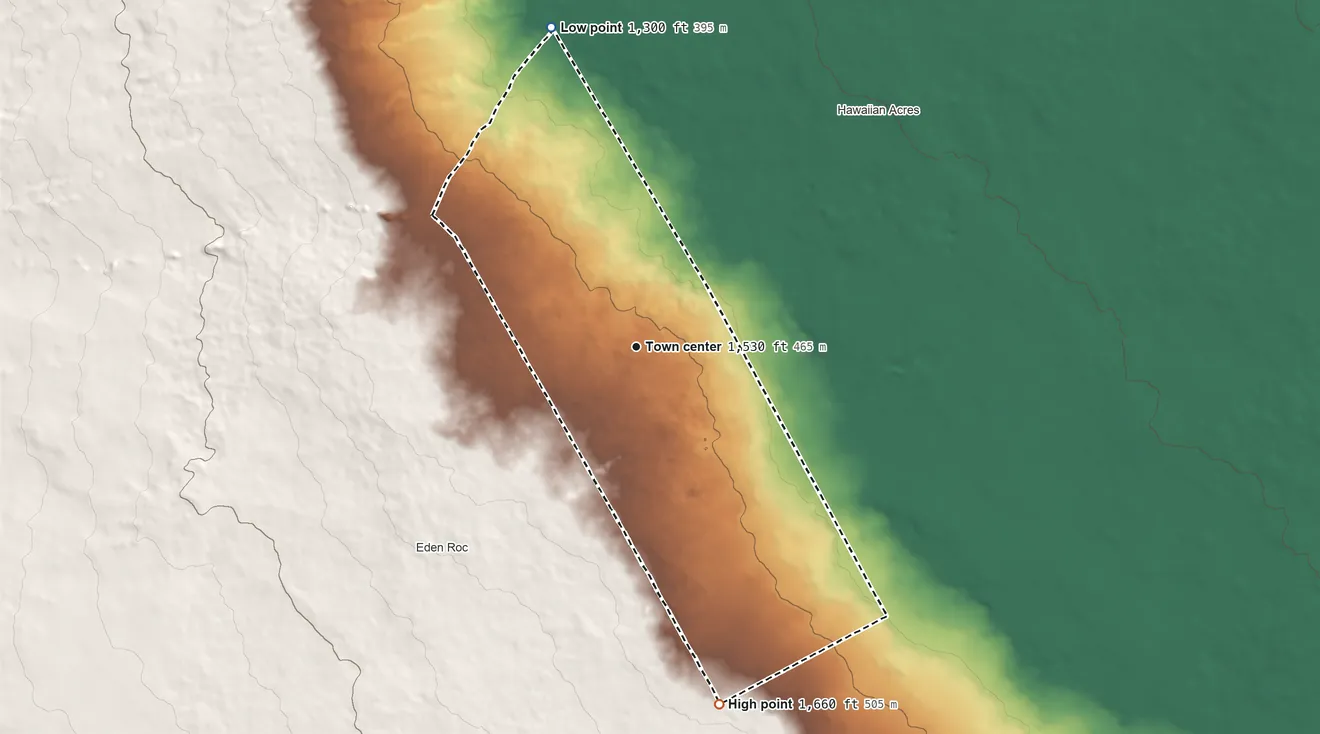 Topographic elevation map of Fern Acres, Hawaii, shaded from 1,300 ft on the north side to 1,660 ft on the south edge, below higher ground just outside