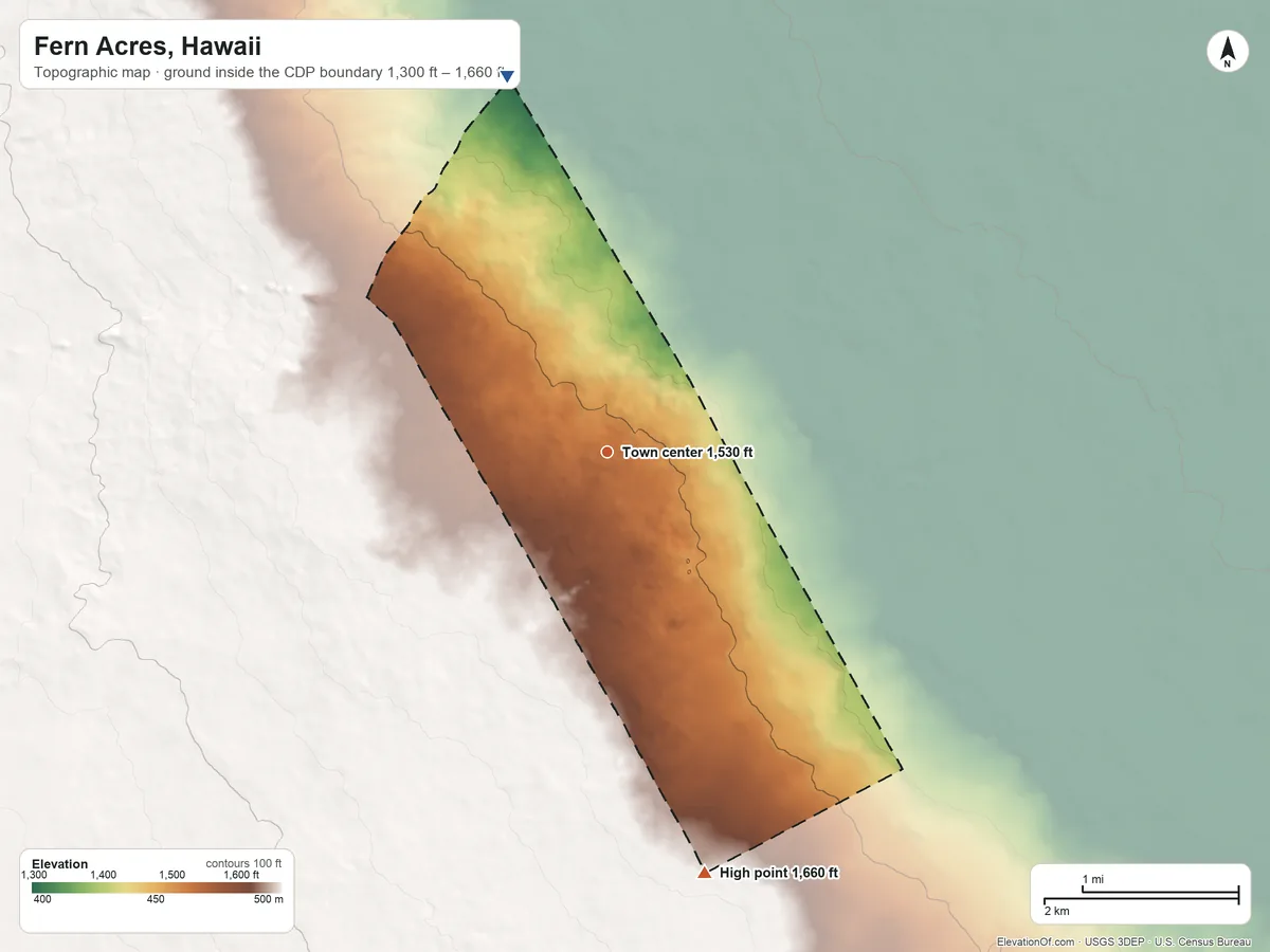 Topographic elevation map of Fern Acres, Hawaii, shaded from 1,300 ft on the north side to 1,660 ft on the south edge, below higher ground just outside