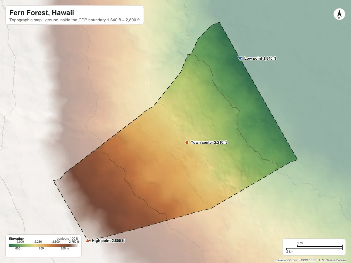 Topographic elevation map of Fern Forest, Hawaii, shaded from 1,840 ft on the northeast side to 2,800 ft on the southwest edge, below higher ground just outside