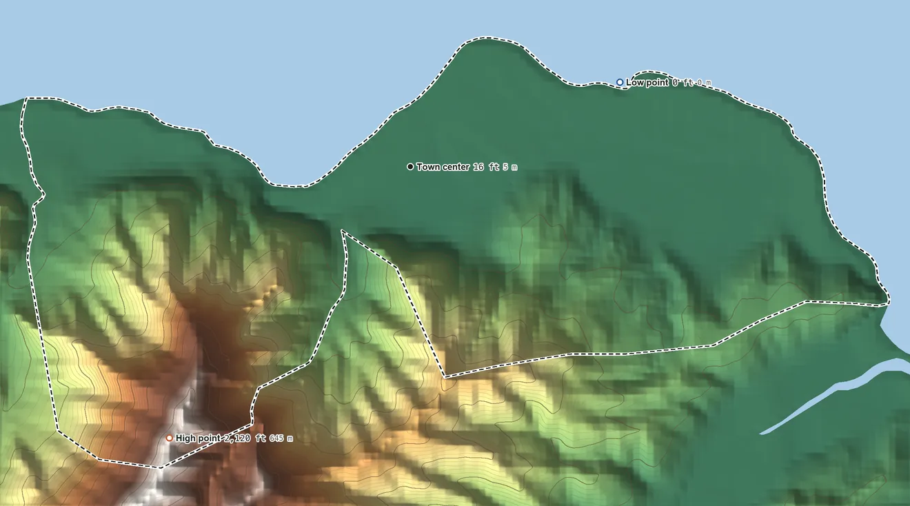Topographic elevation map of Haena, Hawaii, shaded from sea level level on the Pacific Ocean to 2,120 ft at the foot of the Makaleha Mountains