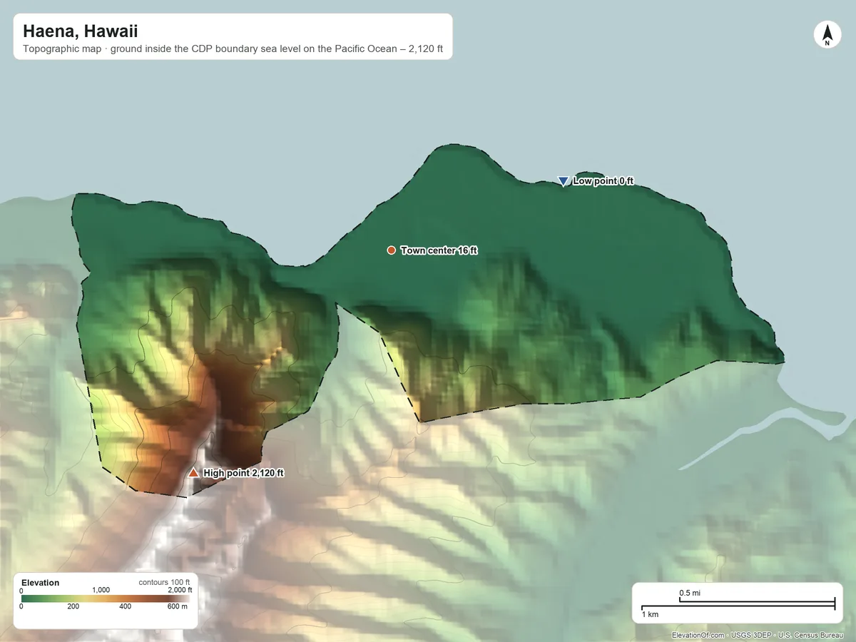 Topographic elevation map of Haena, Hawaii, shaded from sea level level on the Pacific Ocean to 2,120 ft at the foot of the Makaleha Mountains