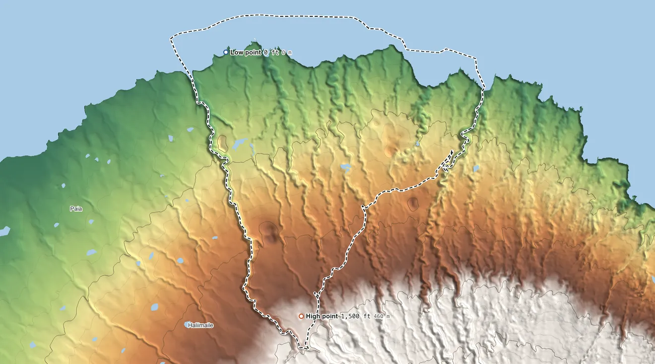 Topographic elevation map of Haiku-Pauwela, Hawaii, shaded from sea level level on the Pacific Ocean to 1,500 ft on Puʻuomālei