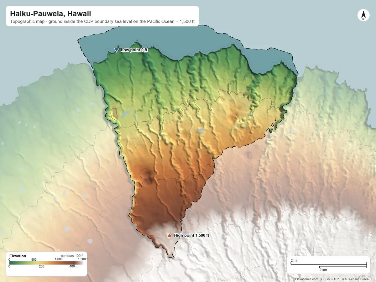 Topographic elevation map of Haiku-Pauwela, Hawaii, shaded from sea level level on the Pacific Ocean to 1,500 ft on Puʻuomālei