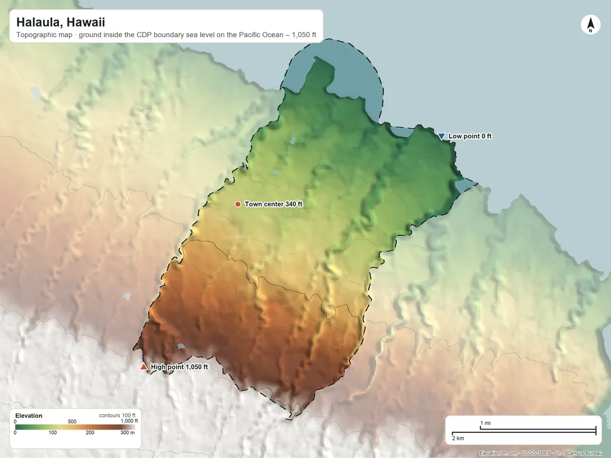 Topographic elevation map of Halaula, Hawaii, shaded from sea level level on the Pacific Ocean to 1,050 ft at the foot of the Kohala Mountains