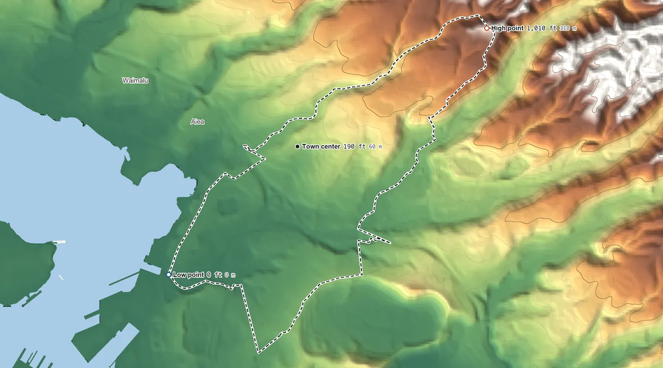 Topographic elevation map of Halawa, Hawaii, shaded from sea level level on East Loch Pearl Harbor to 1,010 ft at the foot of the Koʻolau Range