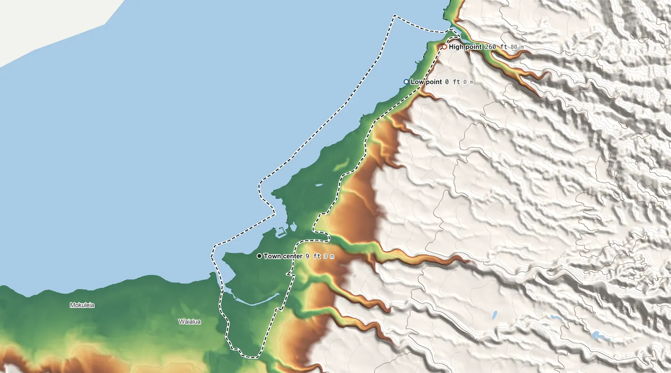 Topographic elevation map of Haleiwa, Hawaii, shaded from sea level level on the Pacific Ocean to 260 ft at the foot of the Waiʻanae Range