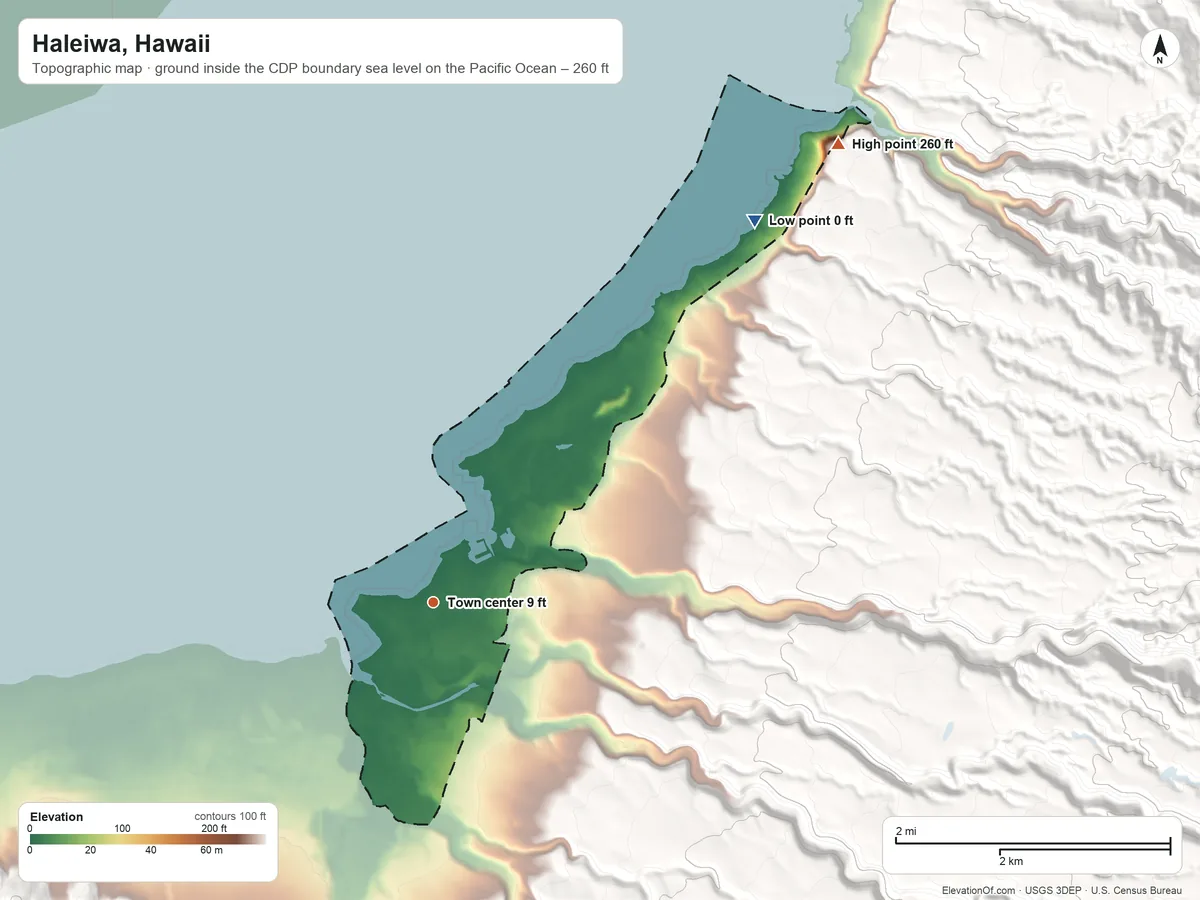 Topographic elevation map of Haleiwa, Hawaii, shaded from sea level level on the Pacific Ocean to 260 ft at the foot of the Waiʻanae Range