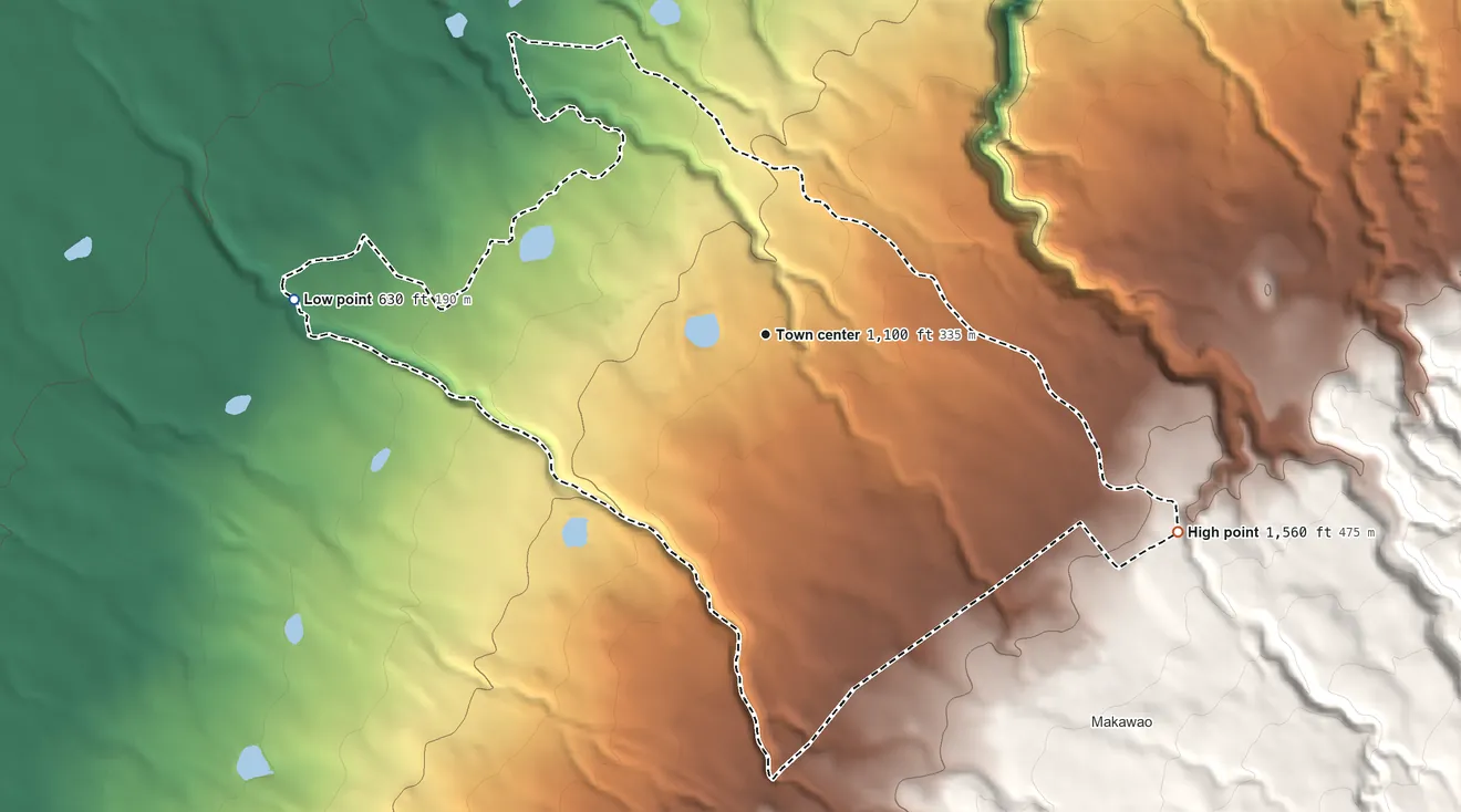 Topographic elevation map of Haliimaile, Hawaii, shaded from 630 ft on the west side to 1,560 ft on the southeast edge, below higher ground just outside
