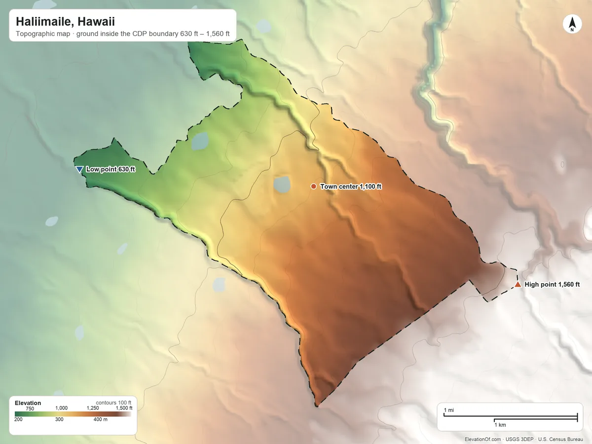 Topographic elevation map of Haliimaile, Hawaii, shaded from 630 ft on the west side to 1,560 ft on the southeast edge, below higher ground just outside