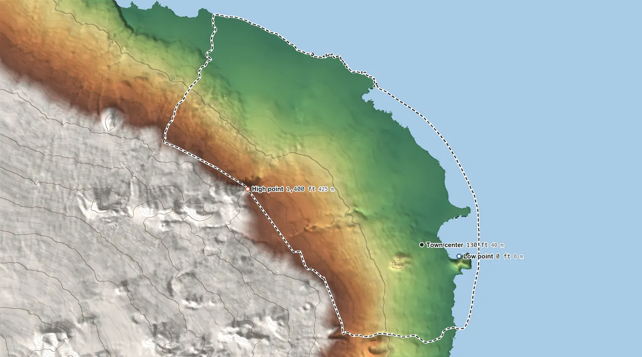 Topographic elevation map of Hana, Hawaii, shaded from sea level level on Hana Bay to 1,400 ft on the west edge, below higher ground just outside