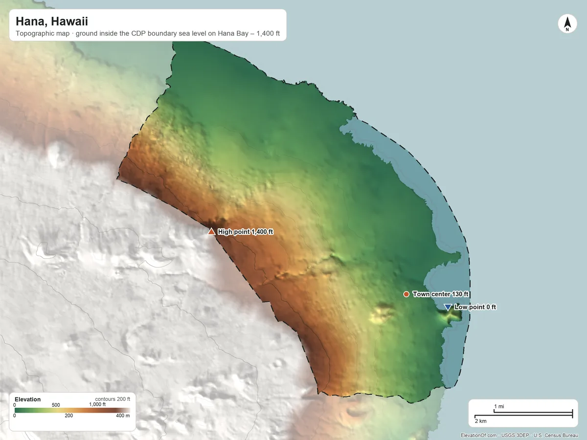 Topographic elevation map of Hana, Hawaii, shaded from sea level level on Hana Bay to 1,400 ft on the west edge, below higher ground just outside