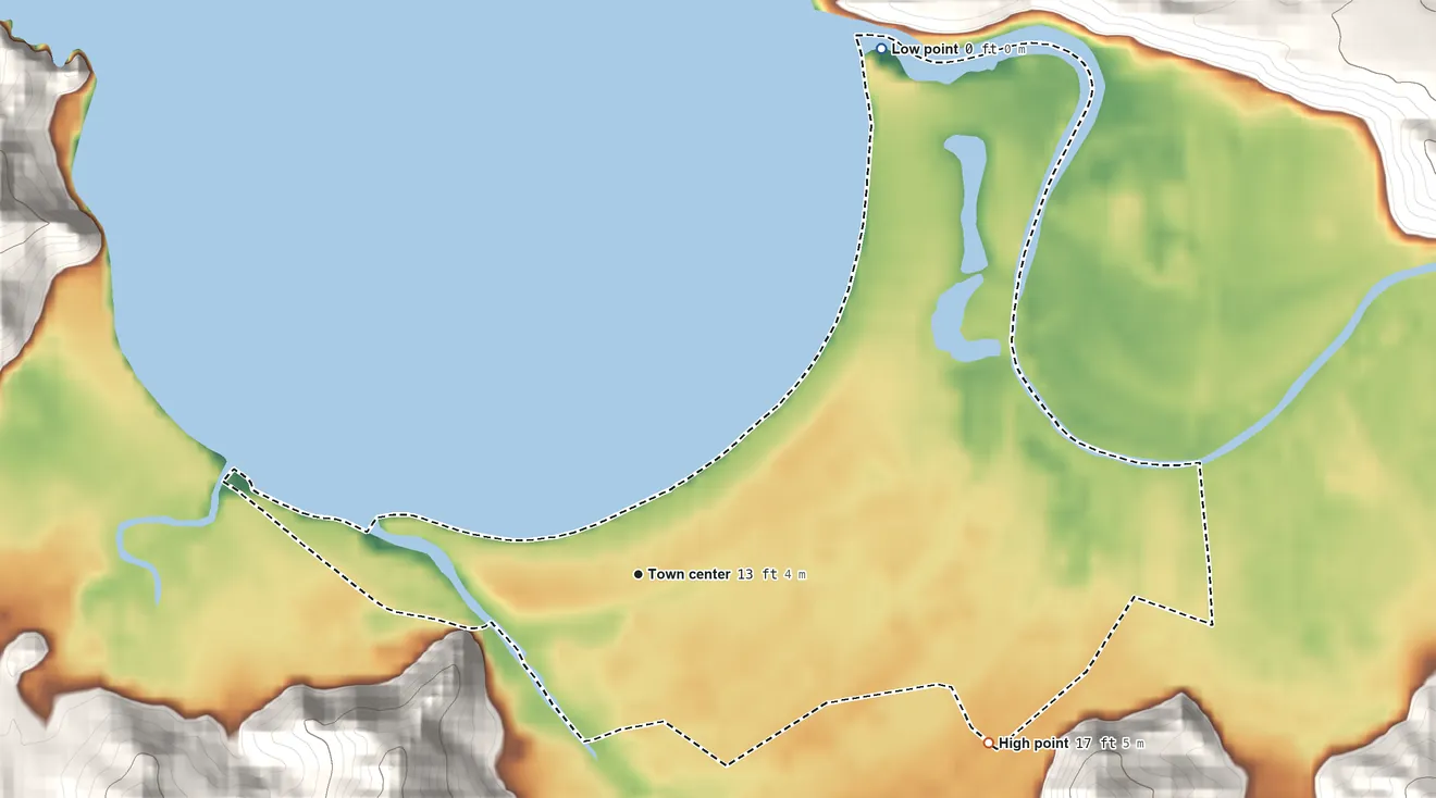 Topographic elevation map of Hanalei, Hawaii, shaded from sea level level on Hanalei Bay to 17 ft at the foot of the Makaleha Mountains