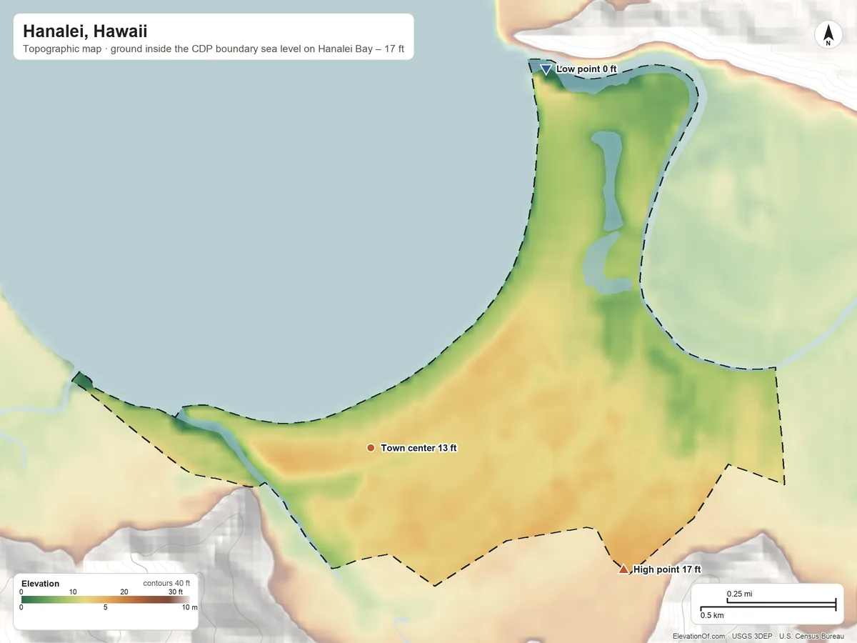 Topographic elevation map of Hanalei, Hawaii, shaded from sea level level on Hanalei Bay to 17 ft at the foot of the Makaleha Mountains