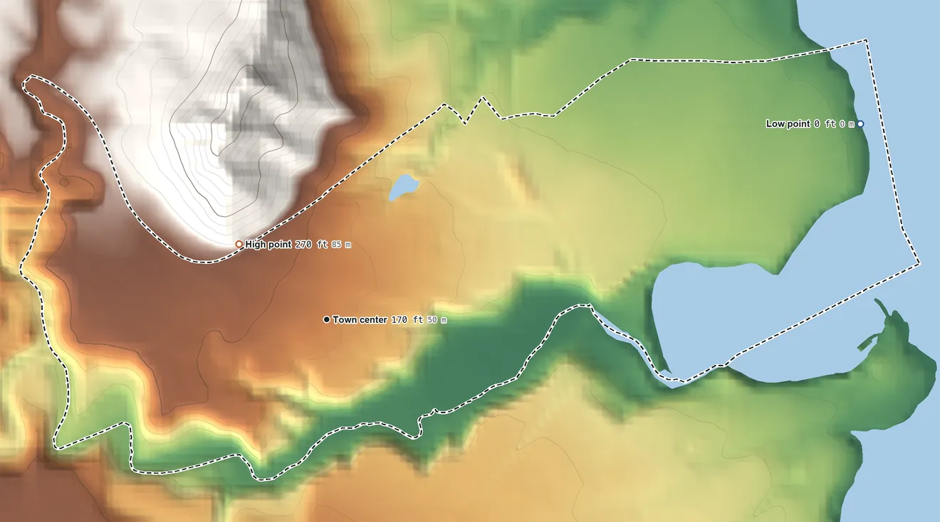 Topographic elevation map of Hanamaulu, Hawaii, shaded from sea level level on the Pacific Ocean to 270 ft at the foot of the Makaleha Mountains