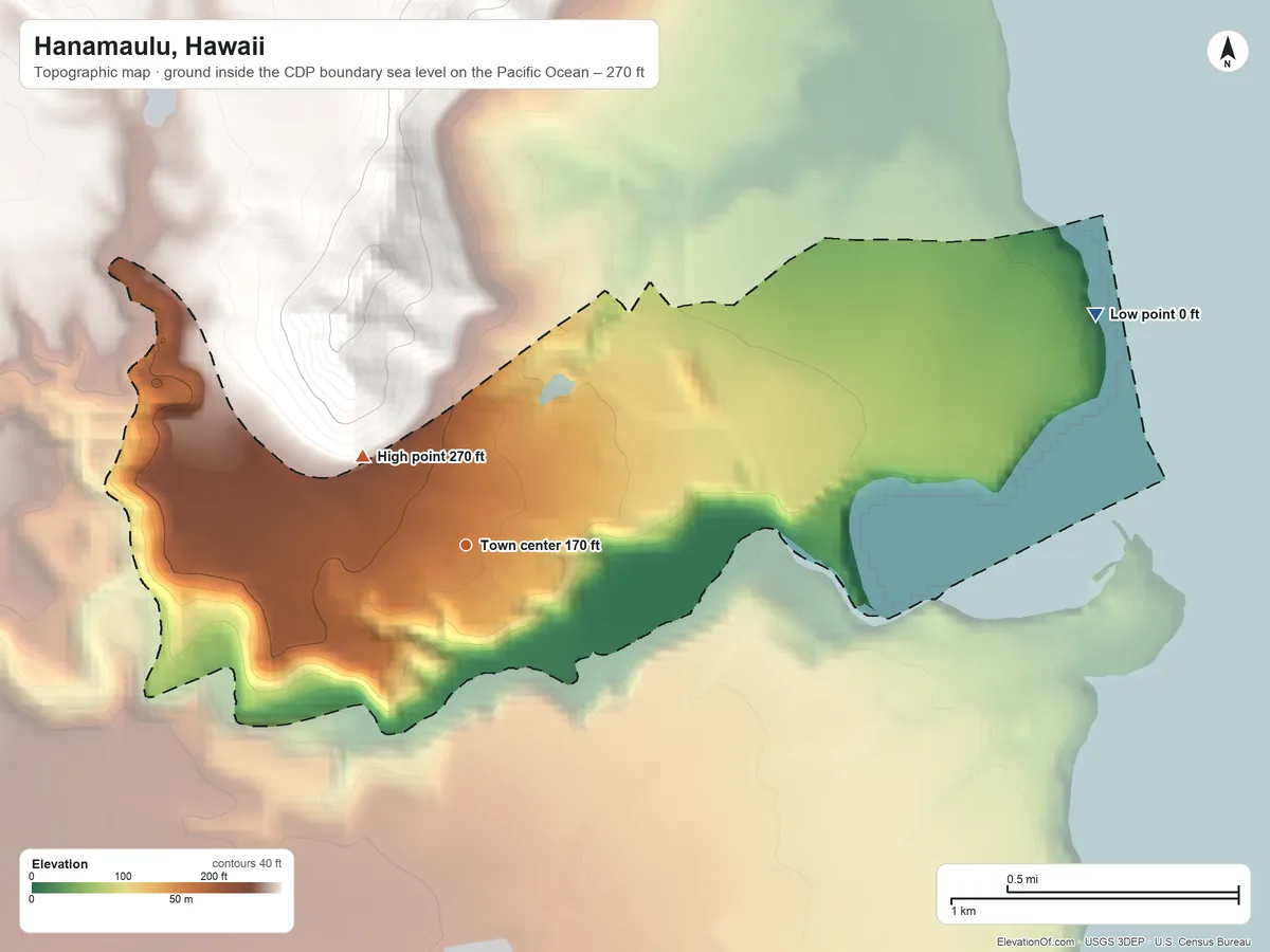 Topographic elevation map of Hanamaulu, Hawaii, shaded from sea level level on the Pacific Ocean to 270 ft at the foot of the Makaleha Mountains
