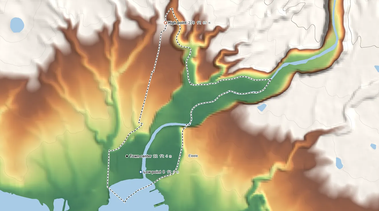 Topographic elevation map of Hanapepe, Hawaii, shaded from sea level level on the Pacific Ocean to 270 ft on the north edge, below higher ground just outside