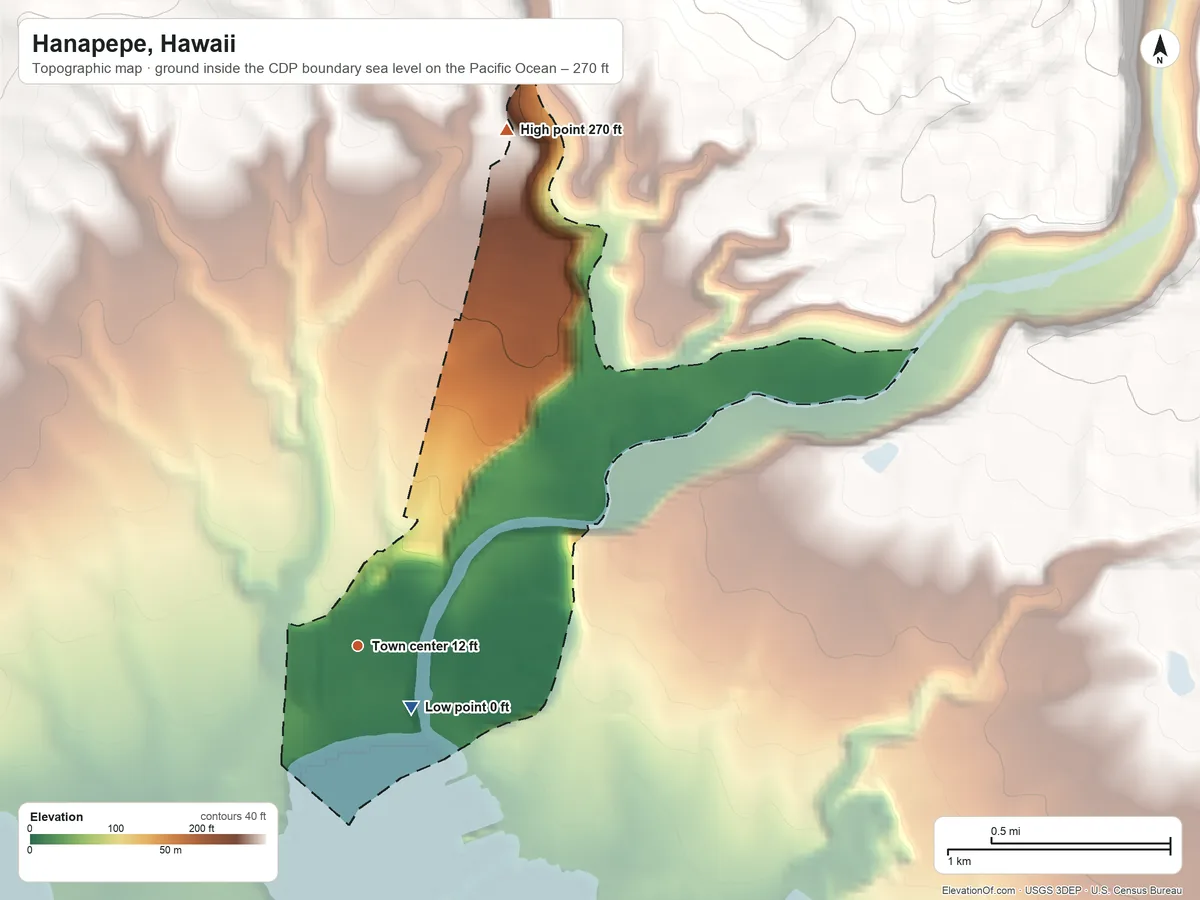 Topographic elevation map of Hanapepe, Hawaii, shaded from sea level level on the Pacific Ocean to 270 ft on the north edge, below higher ground just outside
