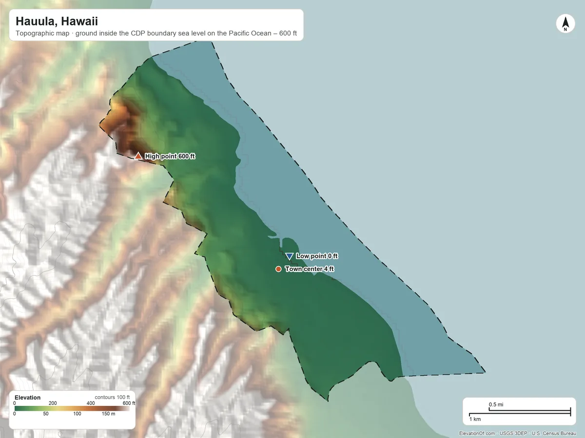 Topographic elevation map of Hauula, Hawaii, shaded from sea level level on the Pacific Ocean to 600 ft on the northwest edge, below higher ground just outside