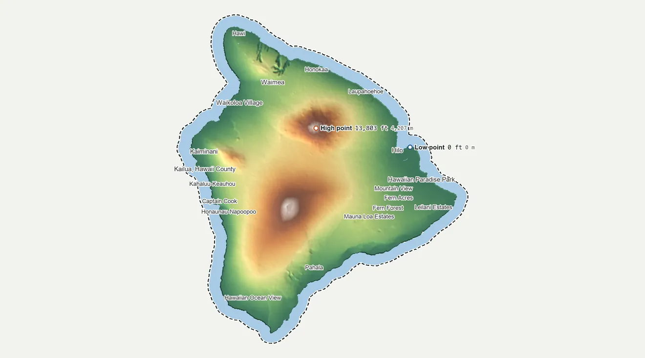 Topographic elevation map of Hawaii County, Hawaii, shaded from sea level on the Pacific Ocean to 13,803 ft on Mauna Kea
