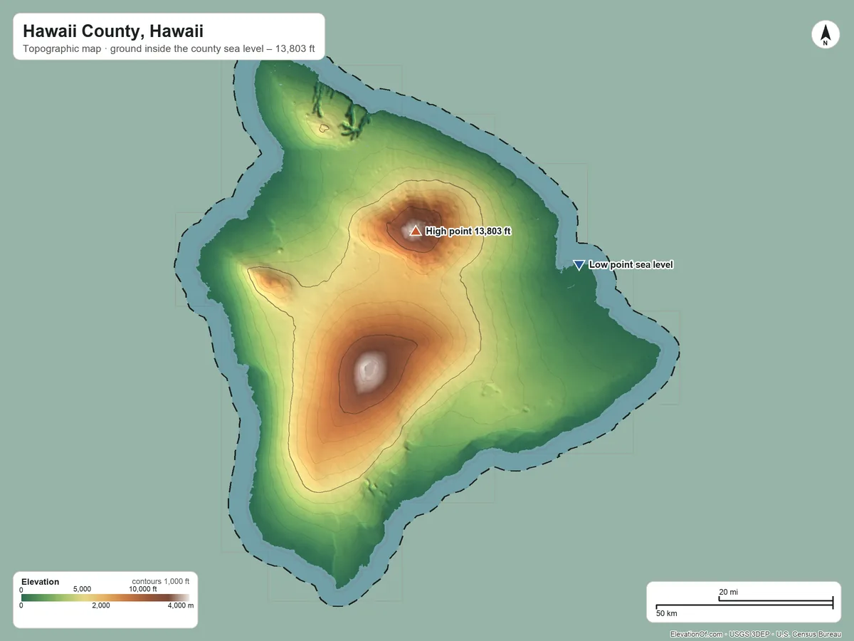 Topographic elevation map of Hawaii County, Hawaii, shaded from sea level on the Pacific Ocean to 13,803 ft on Mauna Kea