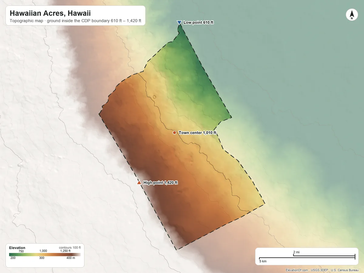 Topographic elevation map of Hawaiian Acres, Hawaii, shaded from 610 ft on the north side to 1,420 ft on the southwest side