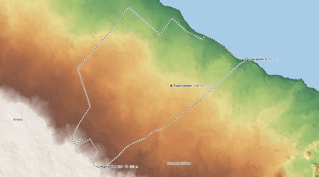 Topographic elevation map of Hawaiian Beaches, Hawaii, shaded from sea level level on the Pacific Ocean to 610 ft on the southwest side