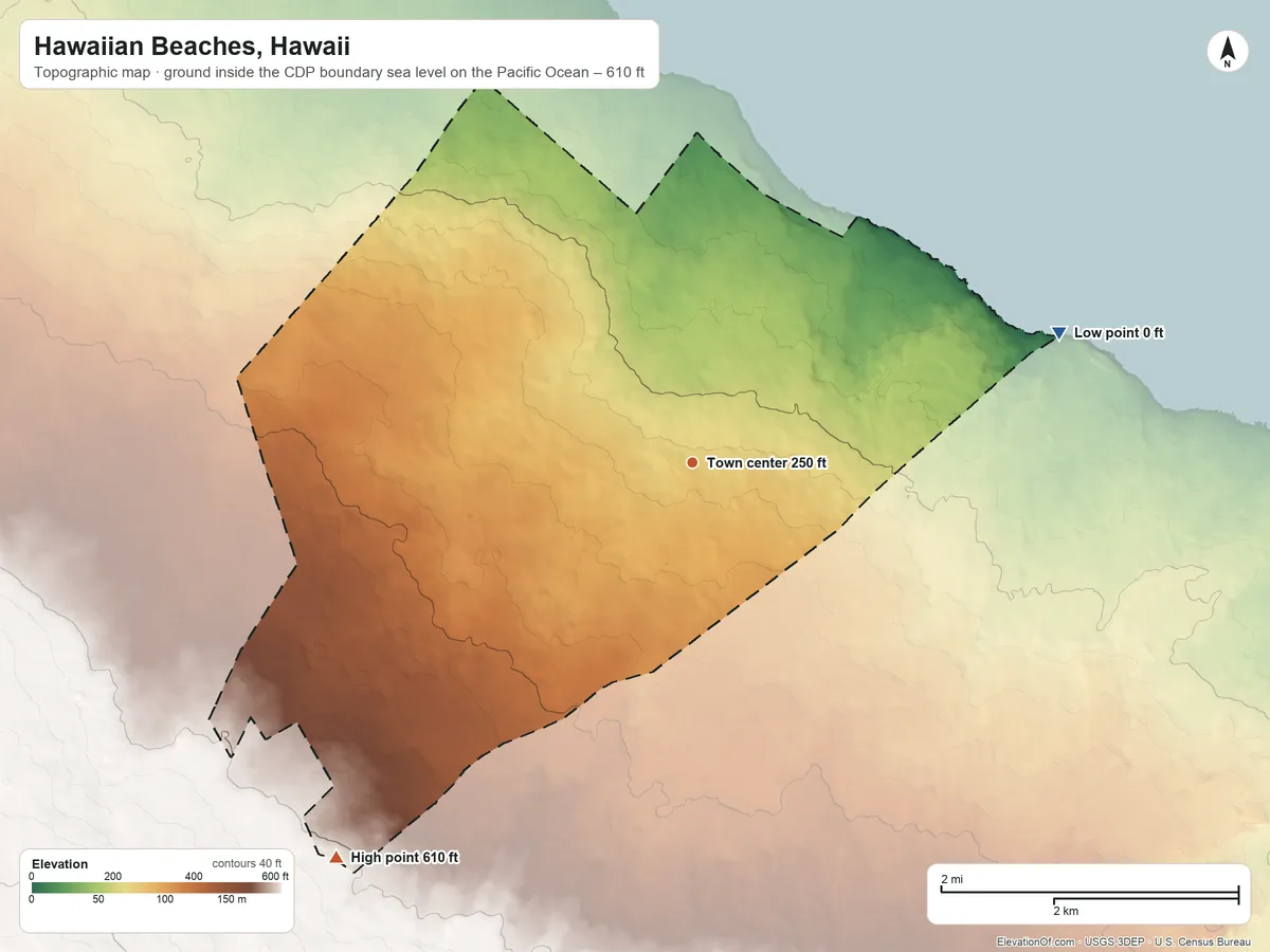 Topographic elevation map of Hawaiian Beaches, Hawaii, shaded from sea level level on the Pacific Ocean to 610 ft on the southwest side