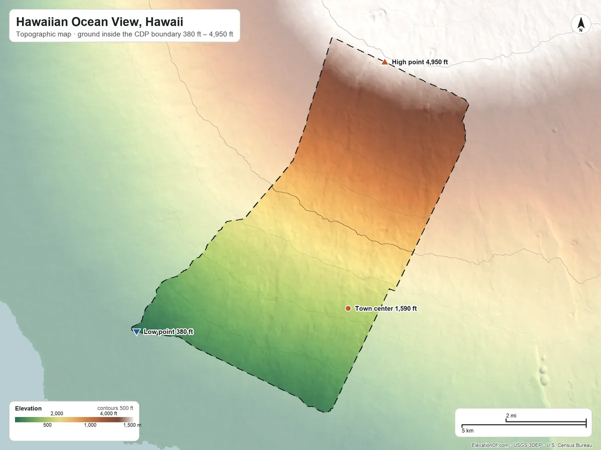 Topographic elevation map of Hawaiian Ocean View, Hawaii, shaded from 380 ft on the west side to 4,950 ft on the north edge, below higher ground just outside