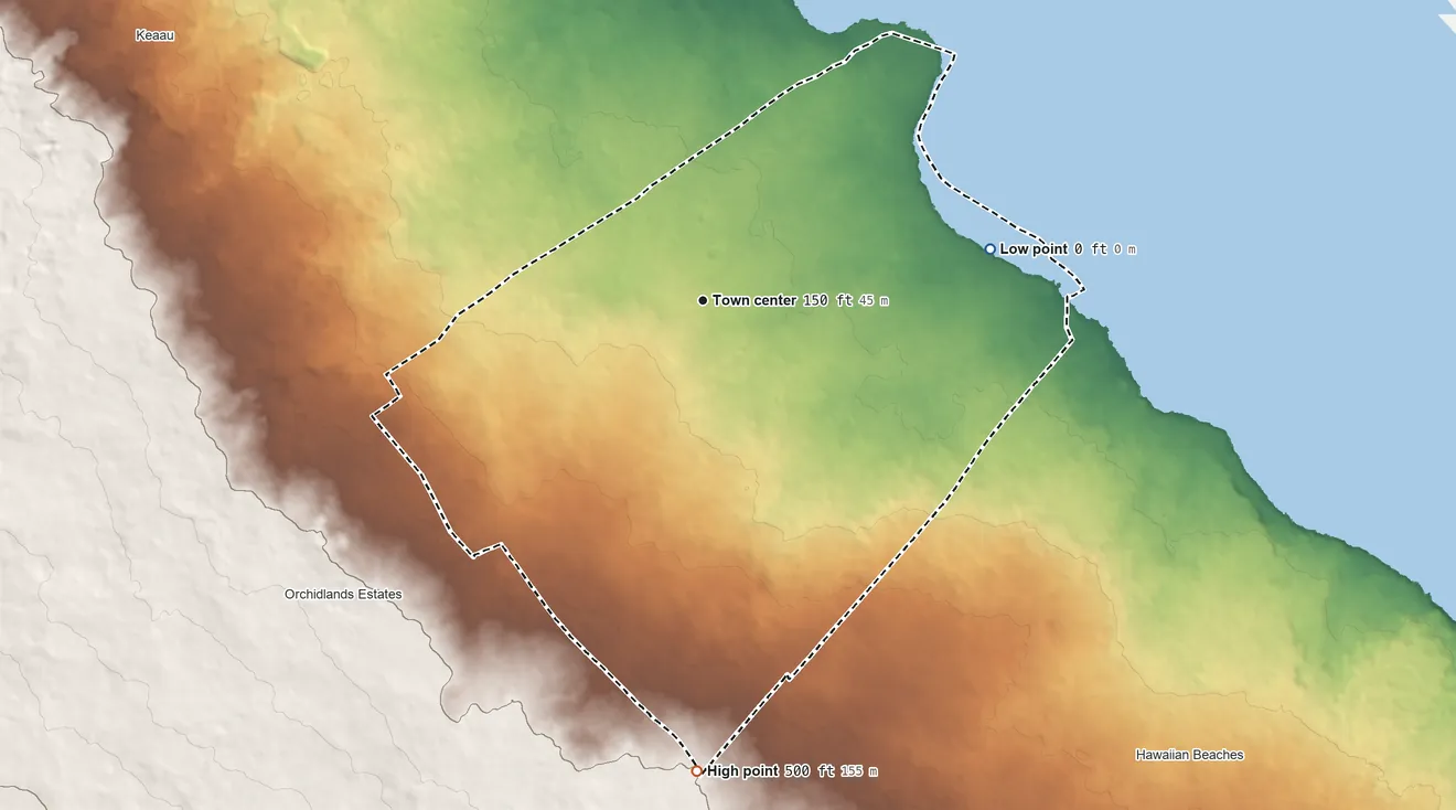 Topographic elevation map of Hawaiian Paradise Park, Hawaii, shaded from sea level level on the Pacific Ocean to 500 ft on the south side