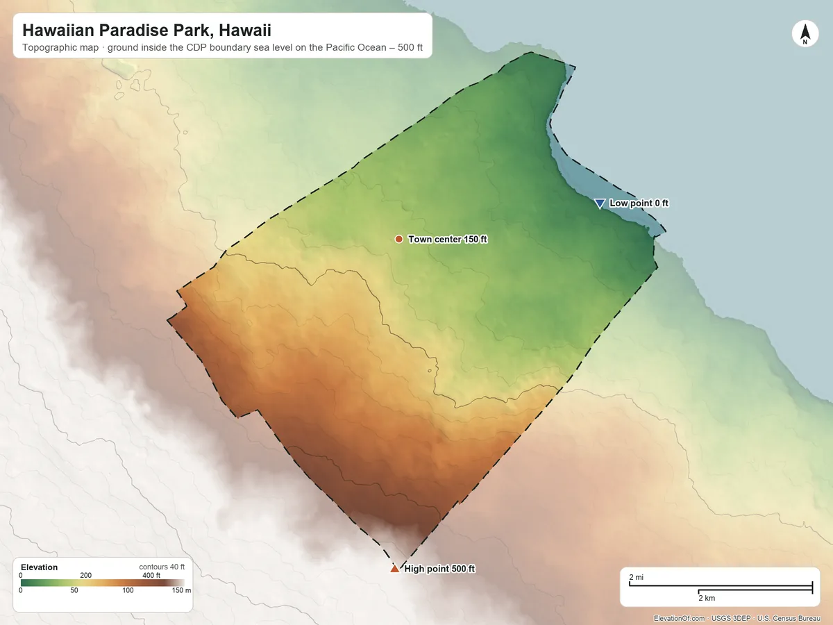 Topographic elevation map of Hawaiian Paradise Park, Hawaii, shaded from sea level level on the Pacific Ocean to 500 ft on the south side