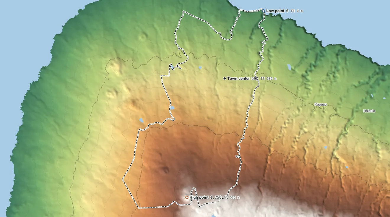 Topographic elevation map of Hawi, Hawaii, shaded from sea level level on the Pacific Ocean to 1,749 ft on Puʻuonale