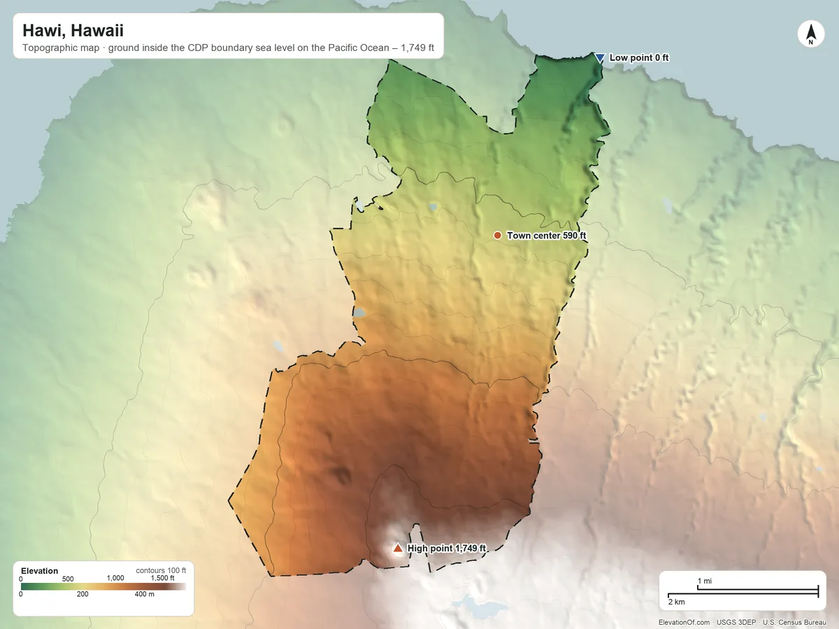 Topographic elevation map of Hawi, Hawaii, shaded from sea level level on the Pacific Ocean to 1,749 ft on Puʻuonale