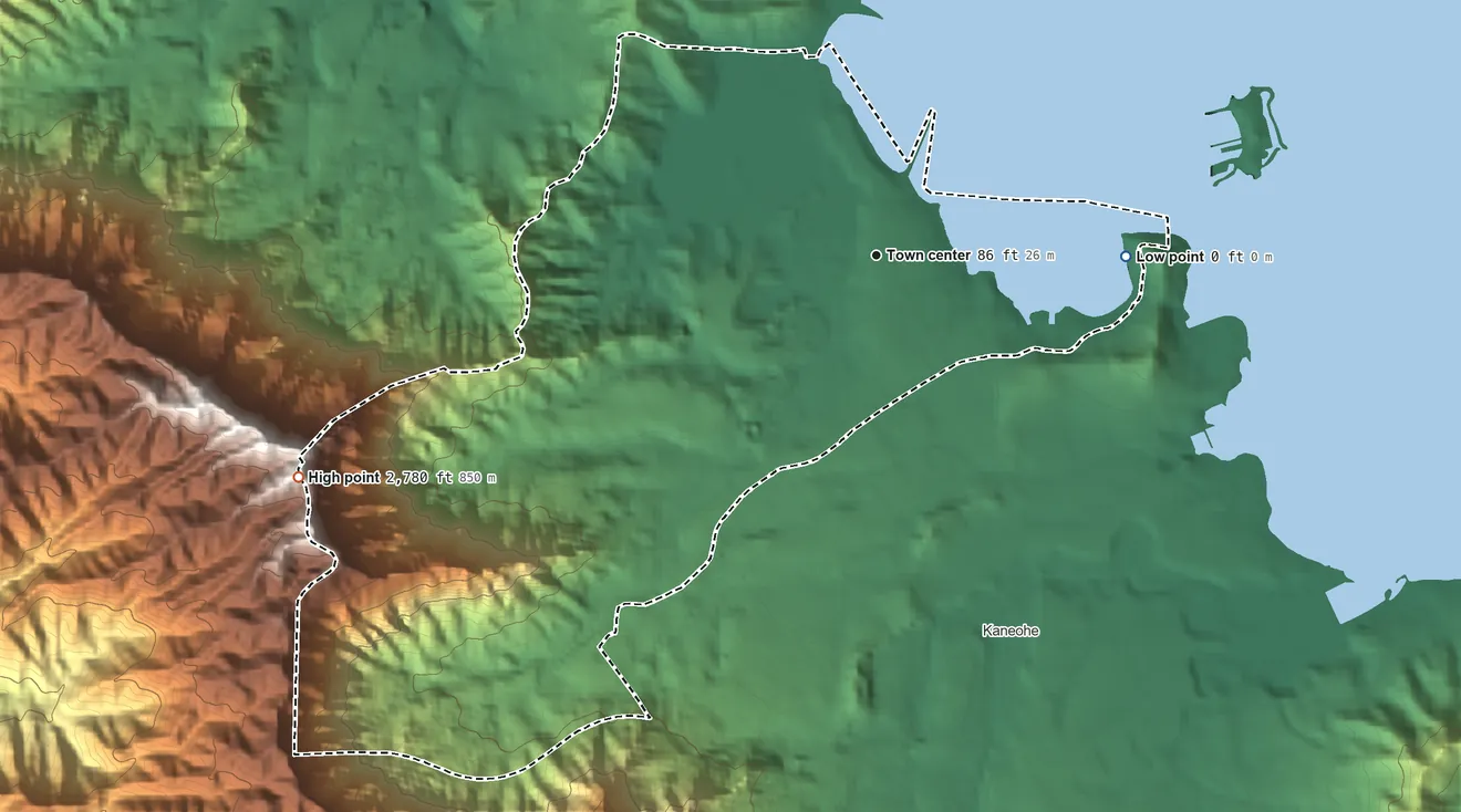 Topographic elevation map of Heeia, Hawaii, shaded from sea level level on Kaneohe Bay to 2,780 ft on the west side