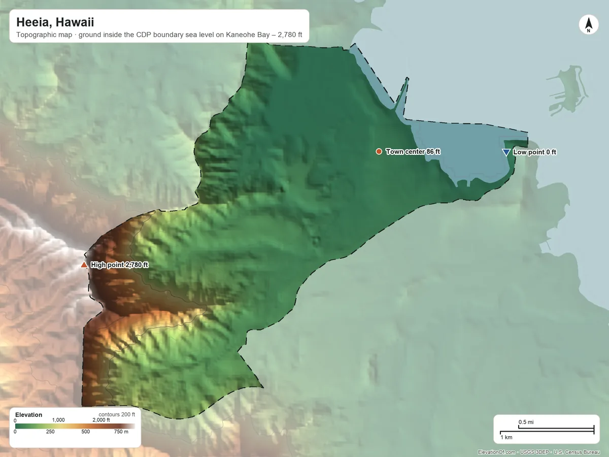 Topographic elevation map of Heeia, Hawaii, shaded from sea level level on Kaneohe Bay to 2,780 ft on the west side