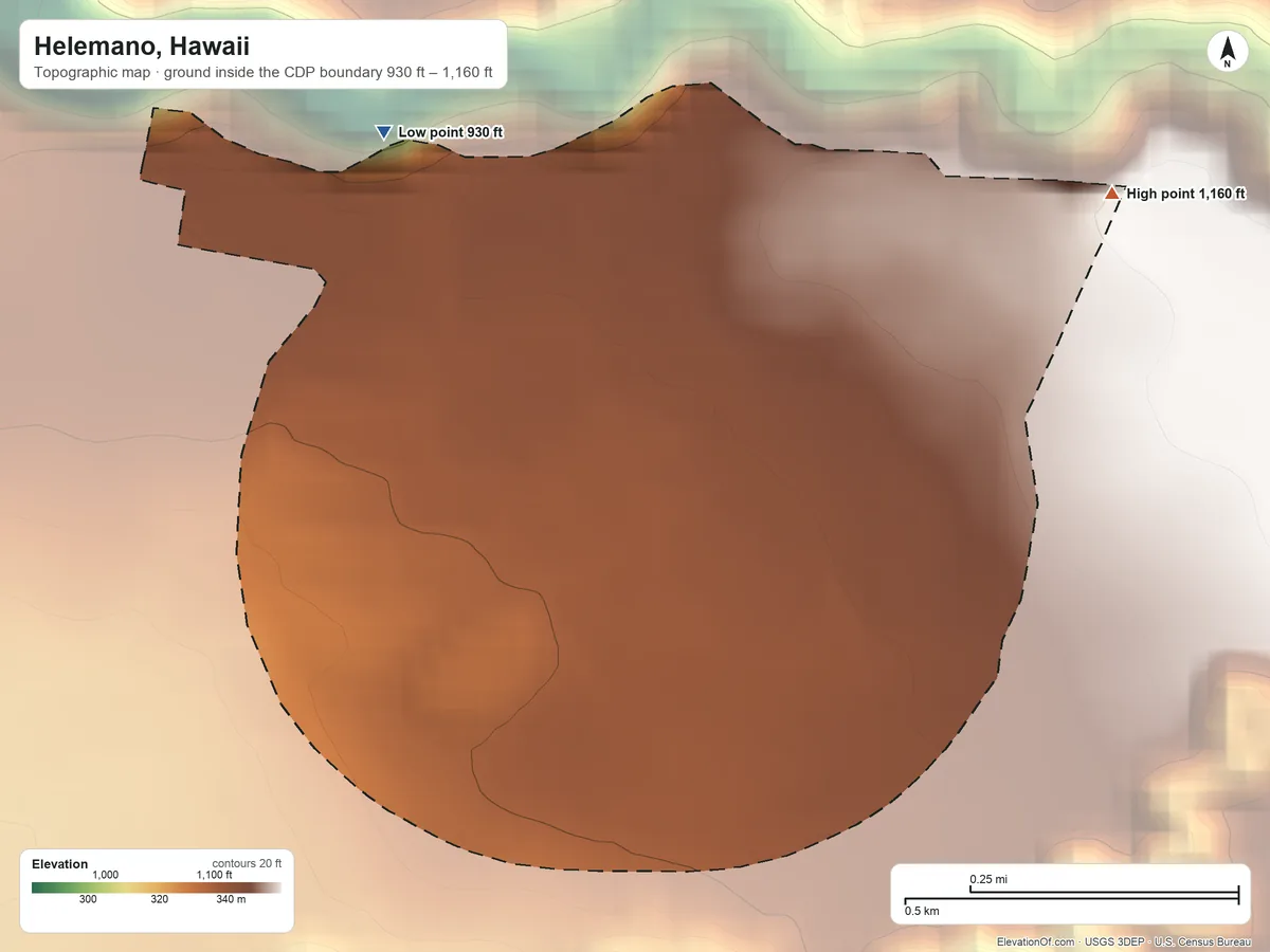 Topographic elevation map of Helemano, Hawaii, shaded from 930 ft on the northwest side to 1,160 ft at the foot of the Waiʻanae Range