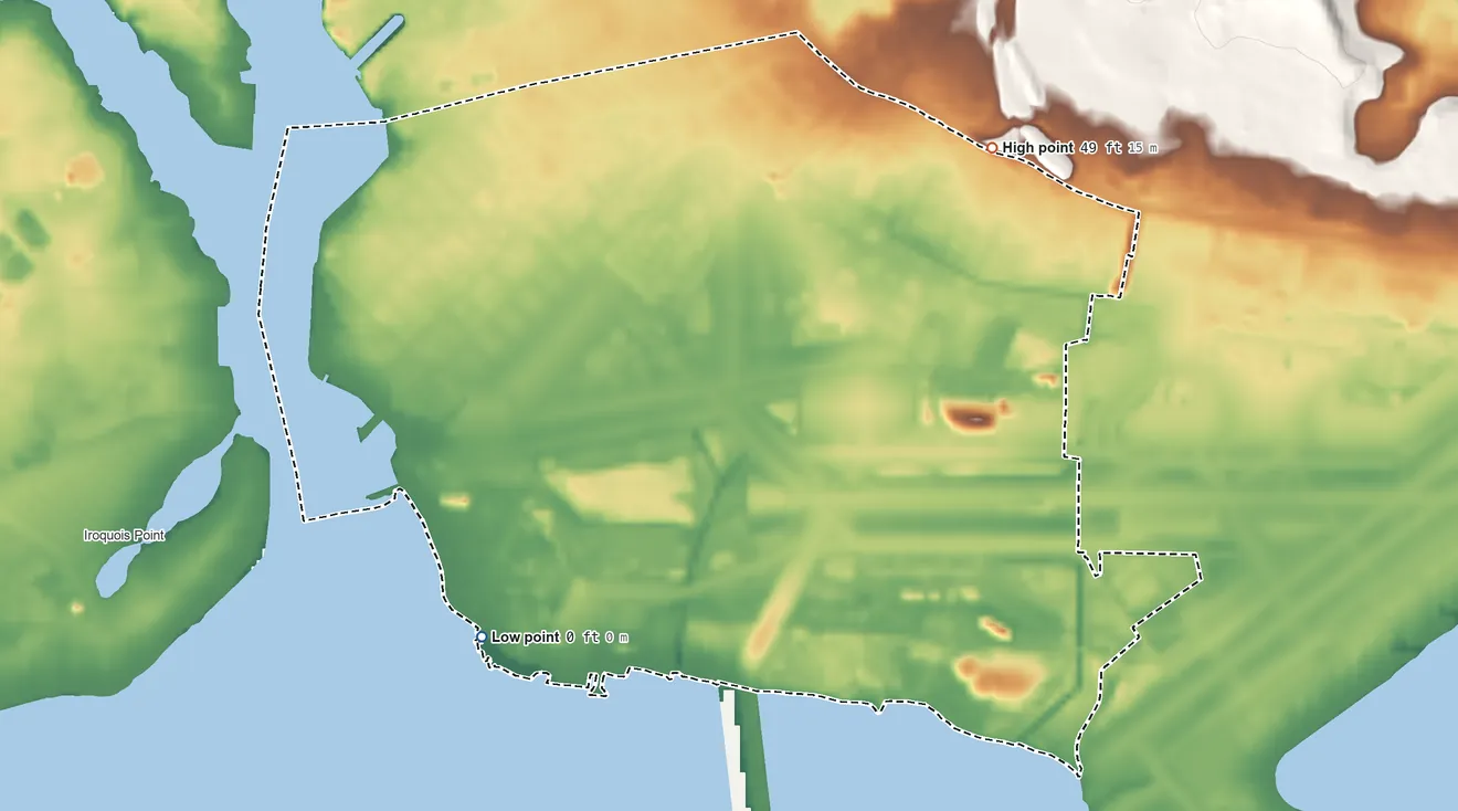 Topographic elevation map of Hickam Housing, Hawaii, shaded from sea level level on the Pearl Harbor Entrance to 49 ft on the east side